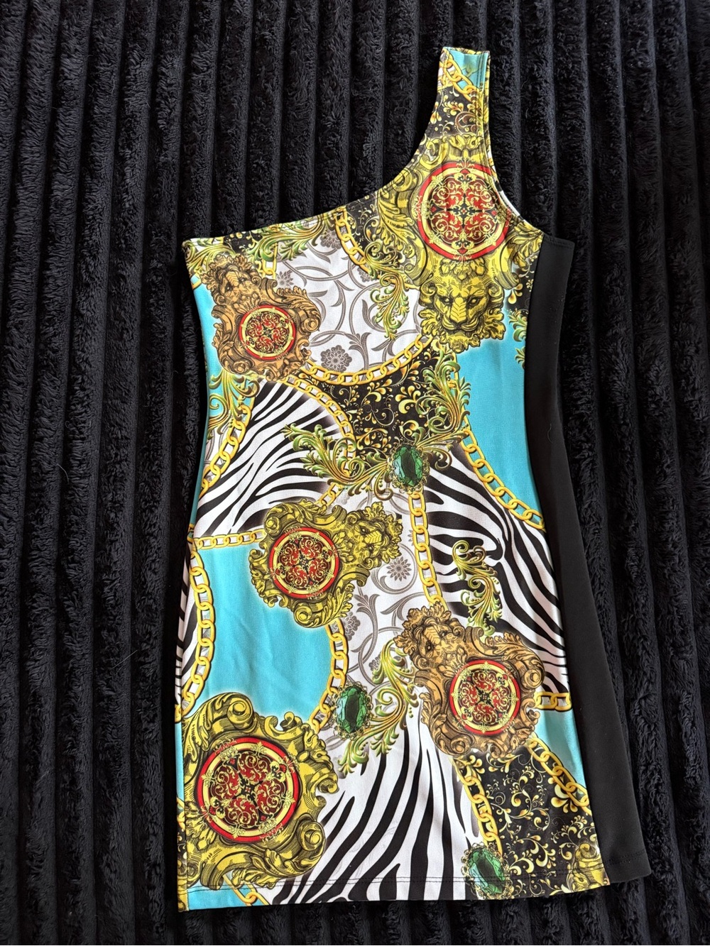 Body Central One-Shoulder Turquoise, Black & Gold Baroque Print Dress